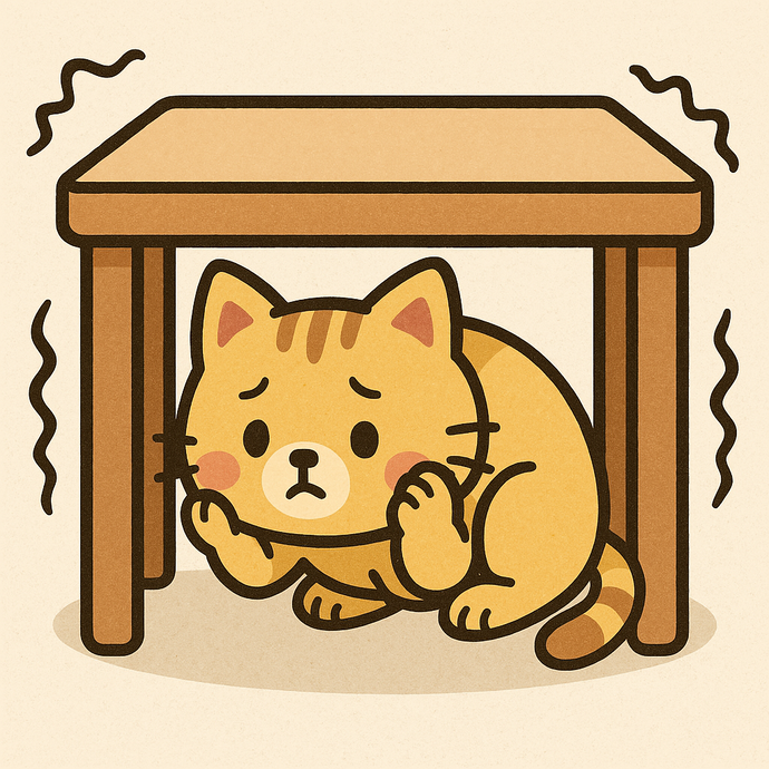机の下に隠れる猫