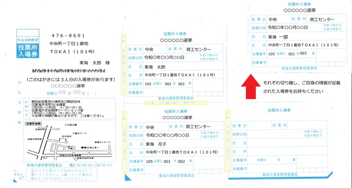 写真：郵送される投票所入場券の使用方法(見本はがき)