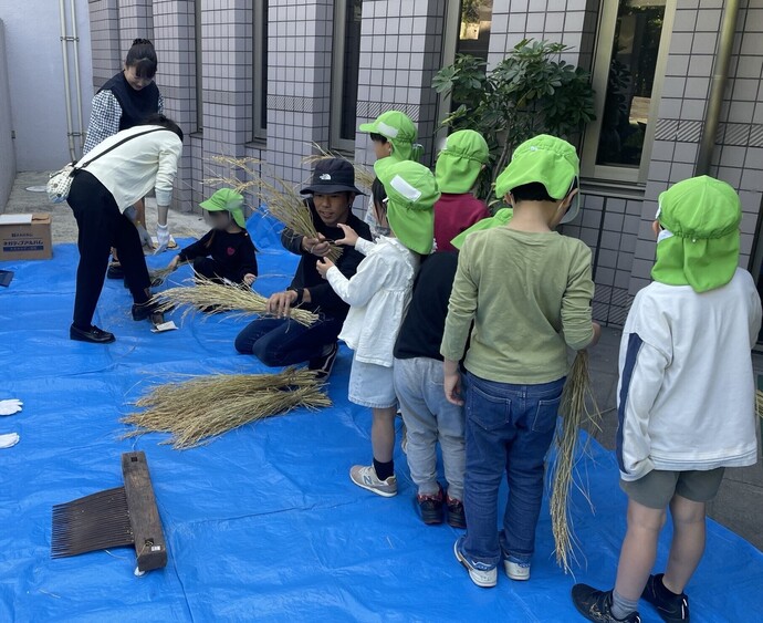 脱穀している様子